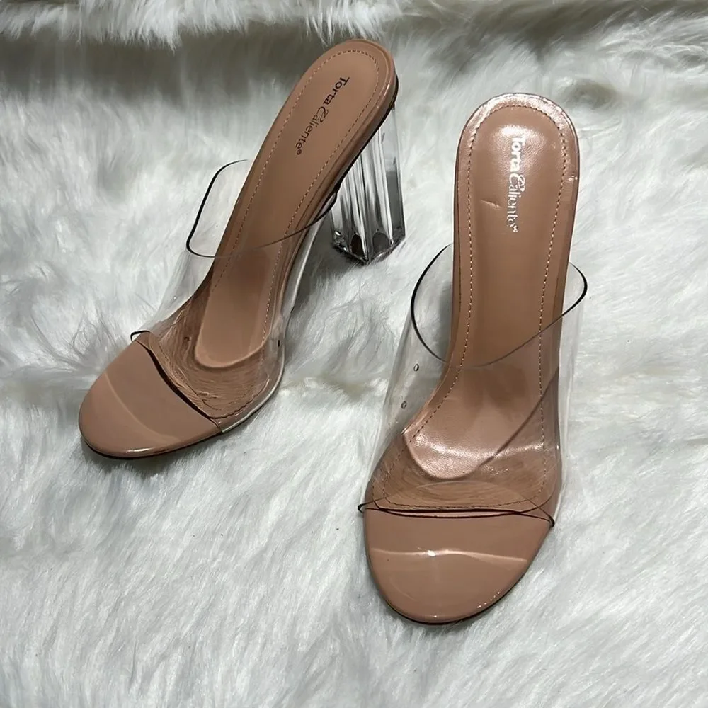 Torta Caliente (Size 8.5M) Clear/Nude‎ Open Toe Slip-on Block Heel. B76